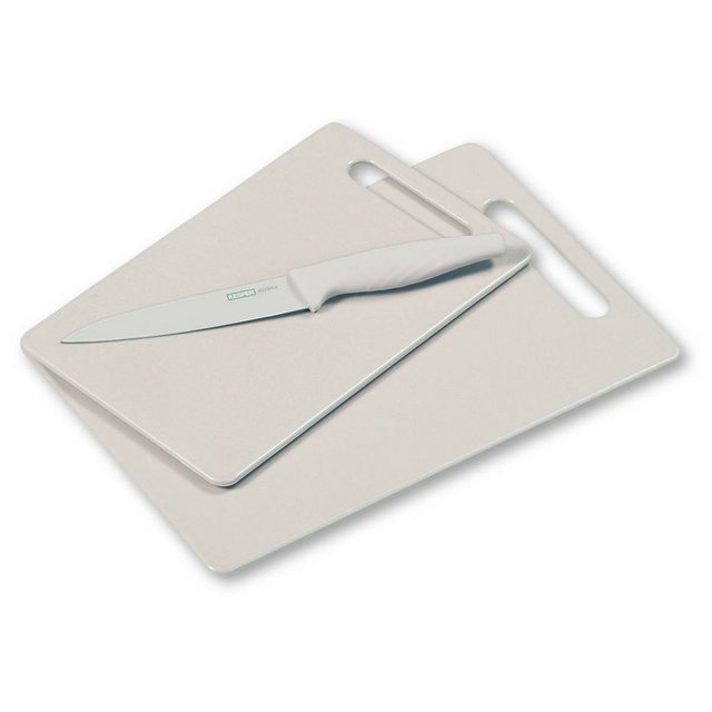 Bild von Kesper 3er Set Schneidebretter inkl. Küchenmesser, hellgrau, Kunststoff-Küchenbretter 24 x 15/29 x 19,5 cm, Allzweckmesser mit Softtouchgriff