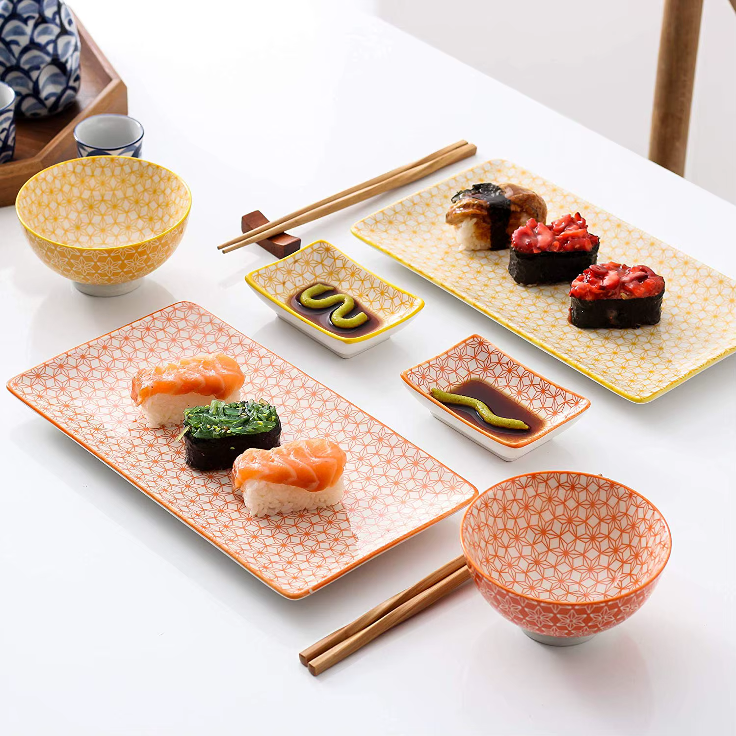Bild von Vancasso Natsuki Japanischen Stil Porzellan Sushi Set mit 2 * Sushi Platte, Schüssel, Dip Gerichte,