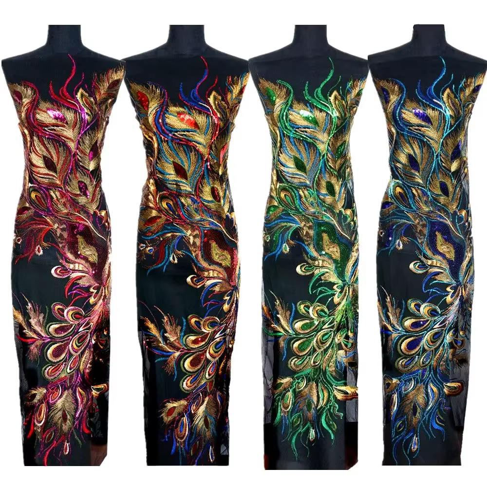 Bild von 130CM Blau Rot Grün Gold Pailletten Pfau Phoenix Feder Spitze Stoff Mesh Bestickt Kleid Appliques