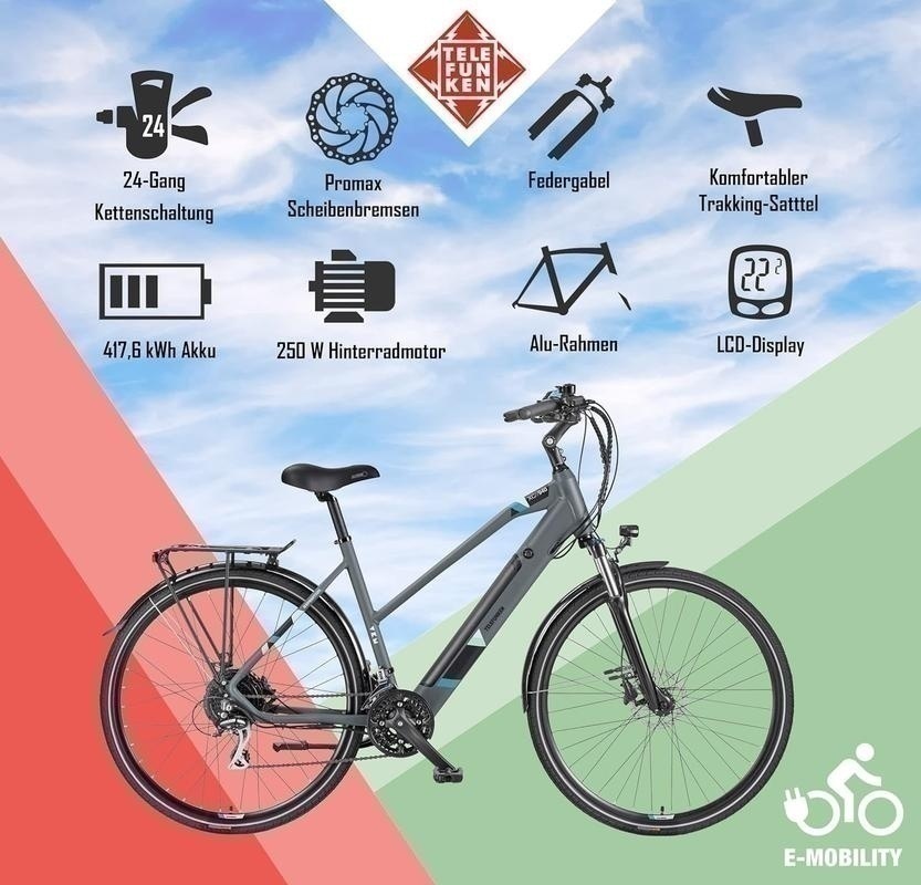 Bild von Telefunken E-Bike Expedition XT481, 21 Gang Shimano, Heckmotor, 374,4 Wh Akku, Pedelec, Elektrofahrrad für Herren, Trekkingrad, mit Fahrradtasche