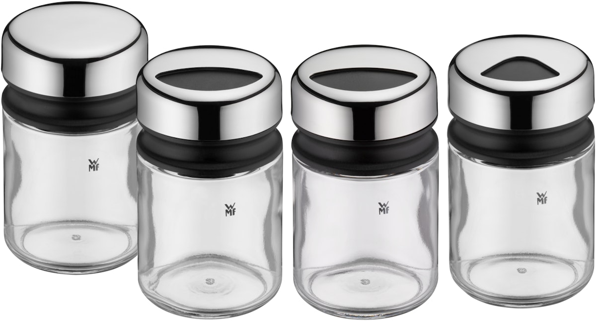 Bild von WMF Gewürzstreuer Set 4tlg Gewürzdose Gewürzstreuer Gewürzglas 100ml Glas Depot, Pfeffermühle + Salzmühle, Weiss, Schwarz, Transparent