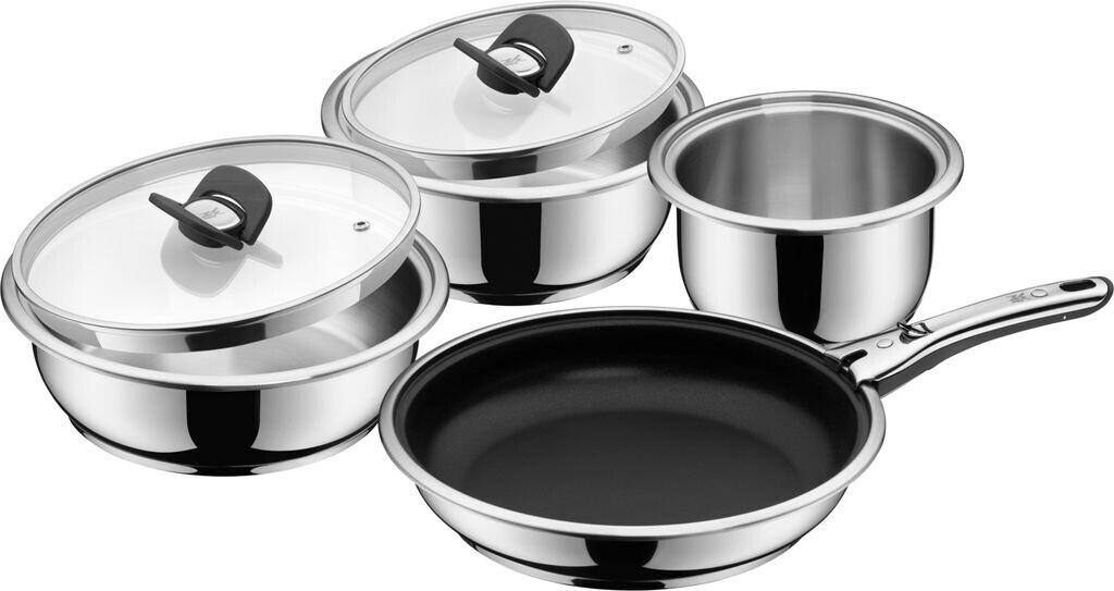 Bild von WMF Topf-Set, Cromargan Edelstahl rostfrei 18/10 (2x Stielkasserolle ohne Griff 16 cm, 20 cm, 1x Sauteuse ohne Griff 24 cm, 1x Bratpfanne 28 cm beschichet ohne Griff, 2x Glasdeckel 20 + 24 cm, 1x abnehmbarer Griff, 7-tlg)