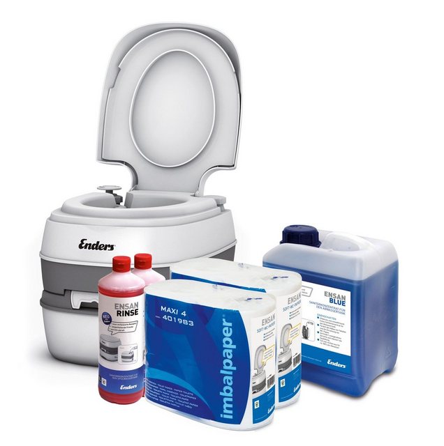 Bild von Enders® Campingtoilette Starter-Set Blue XL Comfort, (Spar-Set, inkl. 2L RINSE + 5L BLUE + 8 Rollen selbstauflösendes Toilettenpapier), Kolbenpumpe, geringes Gewicht, glatte und hygienische Oberfläche