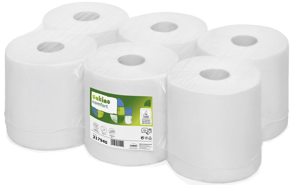 Bild von satino by wepa Handtuchrolle Comfort, 2-lagig, 150 m hochweiß, Tissue, 100% Recycling, mit Diamantprägung, - 6 Stück (317940)