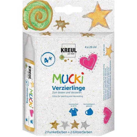 Bild von KREUL 24340 - Mucki Verzierling Set, 4 x 29 ml funkel silber und gold, glitzer silber und gold, Kindereffektfarbe auf Wasserbasis, parabenfrei, glutenfrei, laktosefrei, vegan, auswaschbar
