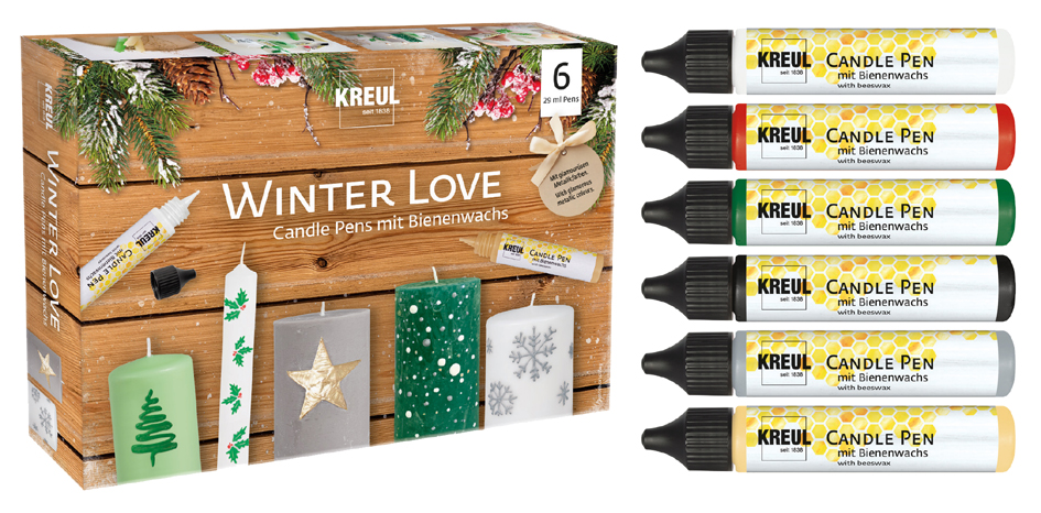 Bild von KREUL 49759 - Candle Pen 6er Set Winter Love, 6 x 29 ml, feine Malspitze, Farben mit Bienenwachs zum Verzieren und Bemalen von Kerzen