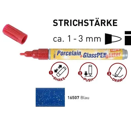 Bild von KREUL 16507 - Glass & Porcelain Pen Glitter blau, Strichstärke ca. 1 - 3 mm, halbtransparente Farbe auf Wasserbasis mit Glitzereffekt, für Glas, glasierte Keramik, Metall und Porzellan