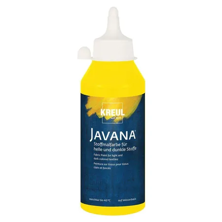 Bild von KREUL 91462 - Javana Stoffmalfarbe für helle und dunkle Stoffe, 250 ml Flasche gelb, brillante Farbe auf Wasserbasis, pastoser Charakter, zum Stempeln und Schablonieren, nach Fixierung waschecht