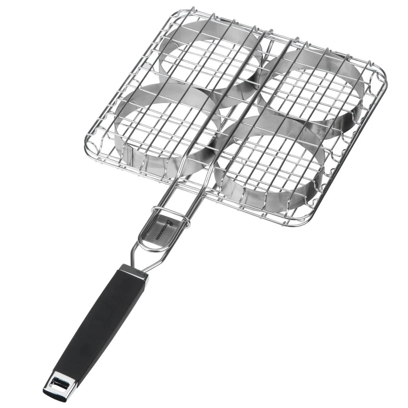 Bild von LANDMANN Pure Grillbräter | Für 4 Hamburger Patties und Frikadellen & Extra breit für American Burger Patties | Gummierter Griff für eine sichere Handhabung | Inkl. 4 Metallringe [Edelstahl]