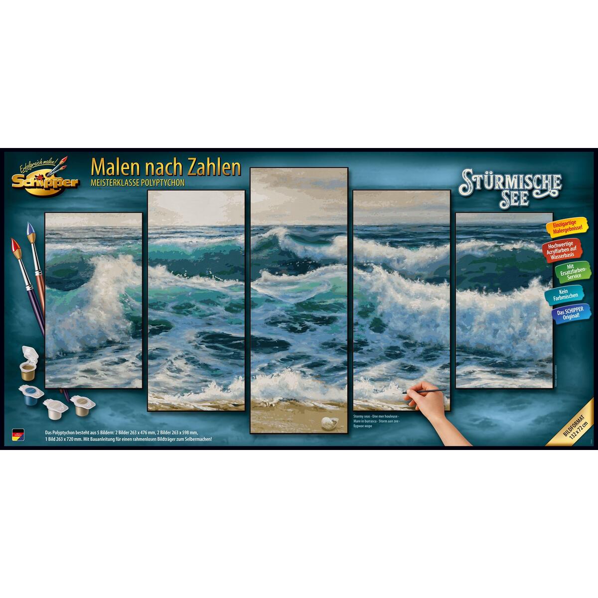 Bild von Schipper 609450865 Malen nach Zahlen - Stürmische See - Bilder malen für Erwachsene, inklusive Pinsel und Acrylfarben, 5 Bilder, Meisterklasse Polyptychon, Profi, Edition, 132 x 72 cm
