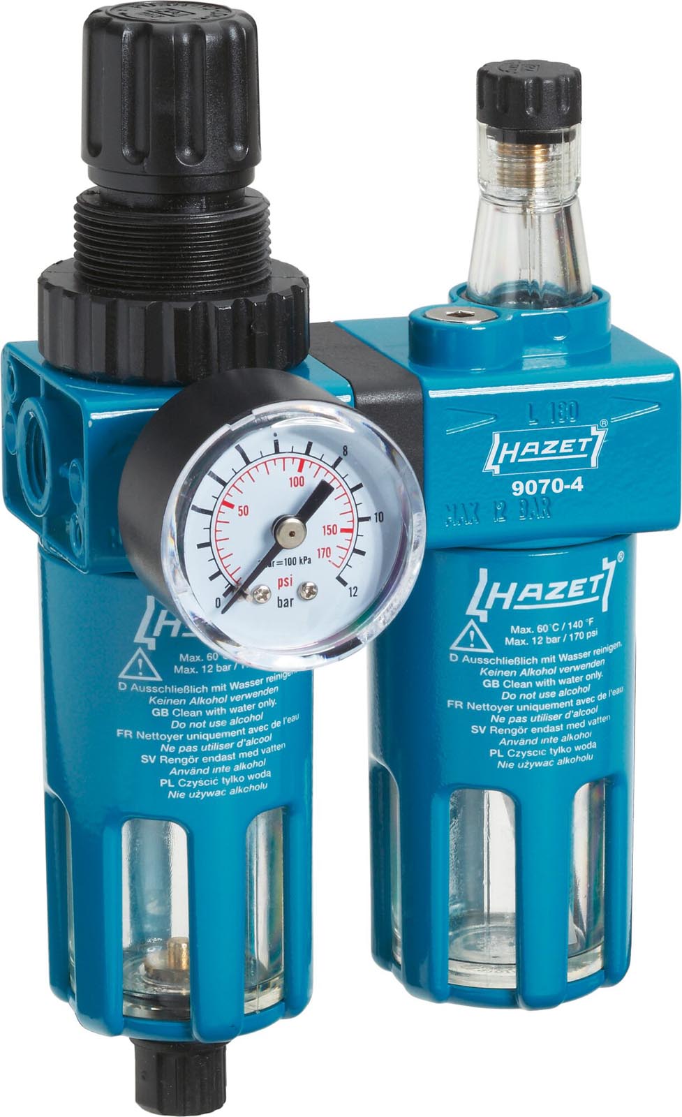 Bild von HAZET Wartungseinheit 9070-4, 2-fach mit Filterdruckminderer, Nebelöler und Manometer, Luftanschluss 1/4", max. Druck 12 bar, Luftdurchfluss 1800 Nl/min