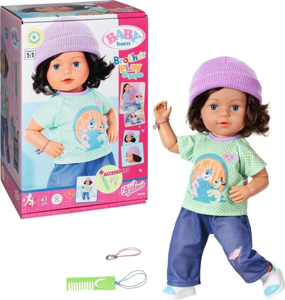 Bild von BABY born Brother Play & Style 43cm, Jungen Puppe mit Haaren und 7 lebensechten Funktionen ohne Batterien, inkl. Outfit und Zubehör, beweglicher Kopf, Arme, Beine und Hüfte, 835418 Zapf Creation