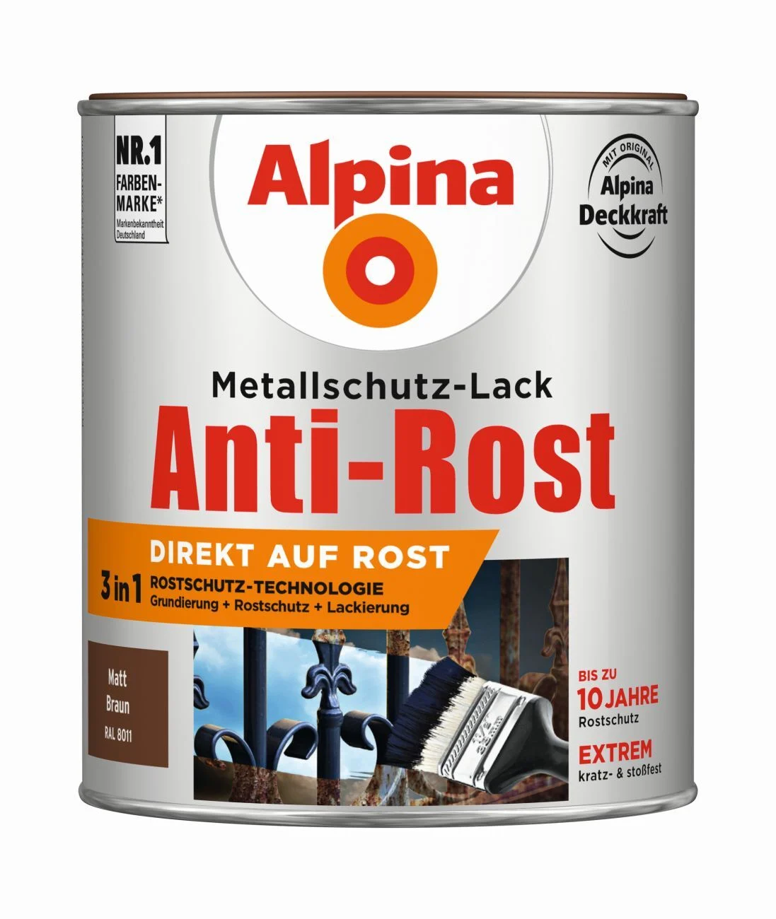 Bild von Alpina Metallschutzlack matt – Braun – Anti-Rost-Lack für einen Langzeit-Korrosionsschutz – Witterungs- und UV-beständig – 750ml