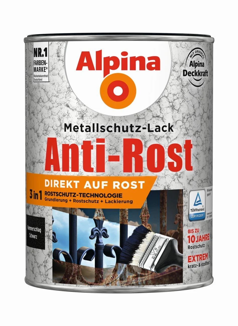 Bild von Alpina Metallschutzlack – Hammerschlag Schwarz – Anti-Rost-Lack für einen Langzeit-Korrosionsschutz – Witterungs- und UV-beständig – 2,5L