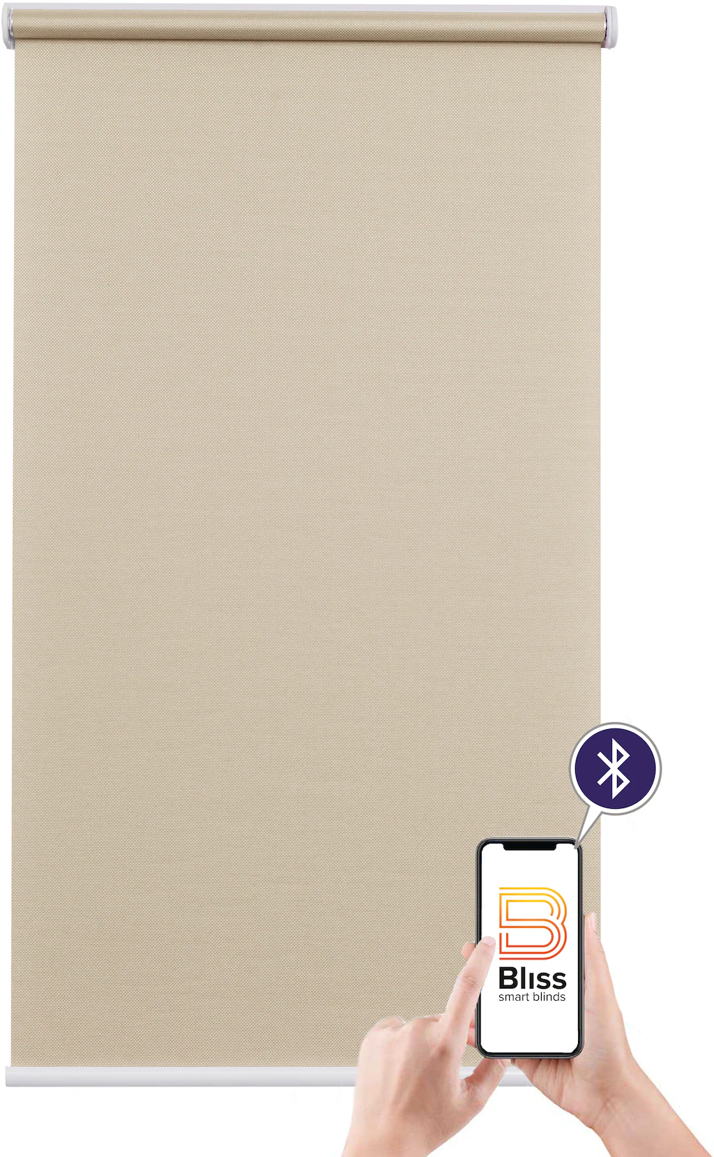 Bild von Elektrisches Rollo SUNLINES "Mosaik", beige (beige, weiß), B:110cm H:180cm, Polyester, Metall, Kunststoff, Rollos, appgesteuert via Bluetooth, mit Akku und Motor, weißer Fallstab
