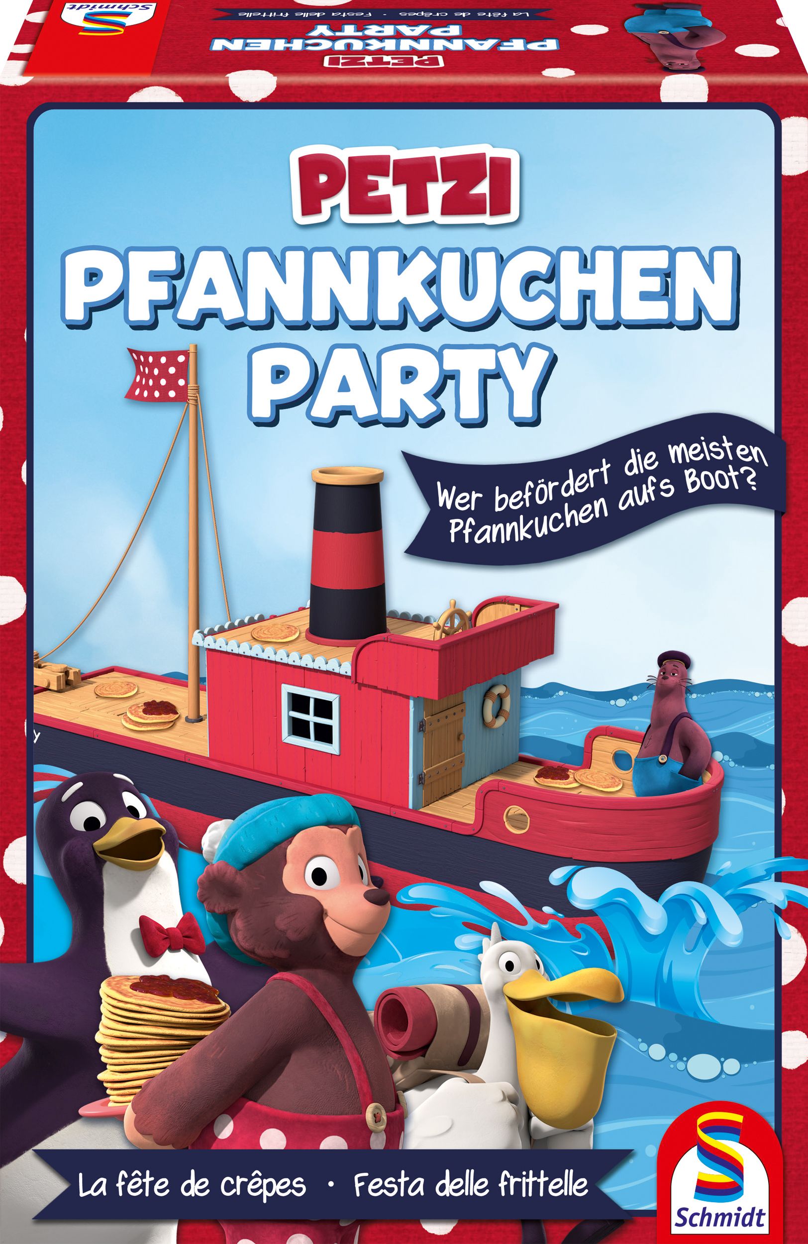Bild von Petzi, Pfannkuchenparty (Kinderspiel): Wer befördert die meisten Pfannkuchen aufs Boot?