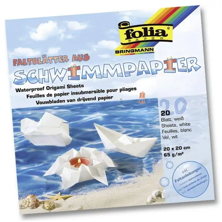 Bild von folia 43200 - Faltblätter aus Schwimmpapier, weiß, ca. 20 x 20 cm, 20 Blatt, wasserfestes Faltpapier, bemalbar, inklusive Faltanleitungen