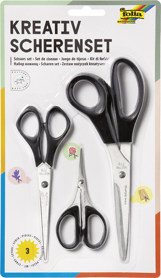 Bild von folia 778 - Kreativ Scheren Set, 3 Scheren in verschiedenen Größen, groß, mittel und filigran, mit schwarzem Griff, rostfreie Klinge, für Rechtshänder