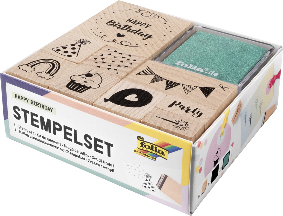 Bild von folia 31104 - Holzstempelset Happy Birthday, inklusive 9 Holzstempel und 2 Stempelkissen - ideal zum Verzieren von Karten, Freundschaftsbüchern, für Lettering und Scrapbooking