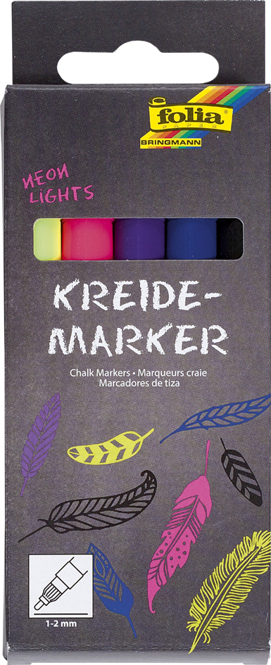 Bild von folia 390529 - Kreidemarker, 5er Set Neon Lights, Rundspitze 1 - 2 mm, Flüssigkreide auf Wasserbasis, für Tafeln, Tafelfolie, Glas, Plastik, feucht abwischbar