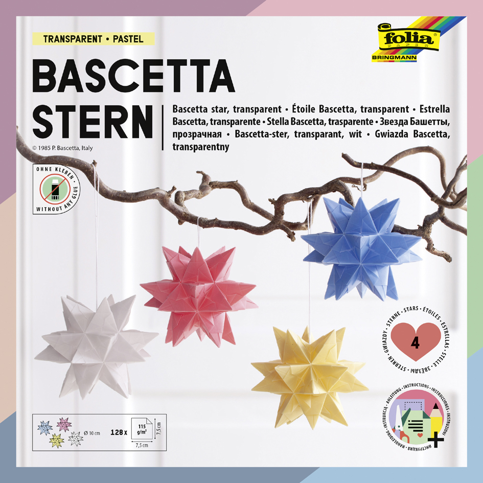 Bild von folia 898/0707 - Bastelset Bascetta Stern, aus Transparentpapier für 4 Sterne, 7,5 x 7,5 cm, 4 x 32 Blatt, fertige Größe der Papiersterne ca. 10 cm, mit Anleitung, zur zeitlosen Dekoration