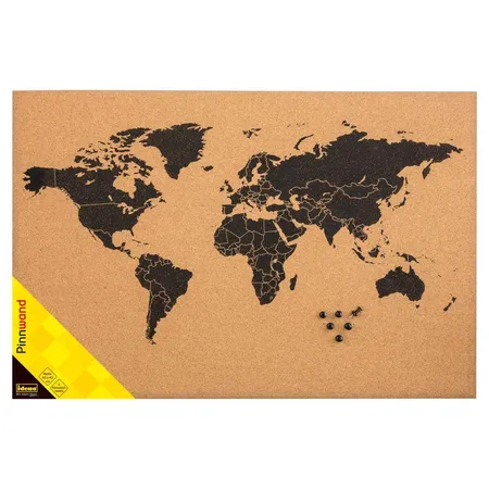 Bild von Idena 10415 - Pinnwand "World Map" aus Kork, mit schwarzer Weltkarte, mit 6 Pinnwandnadeln, ca. 60 x 40 cm groß, ideal als Wandbild, Dekoration und für den Arbeitsplatz