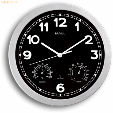 Bild von Maul Wanduhr MAULdrive Ø 30cm | stilvolle Uhr mit schwarzem Ziffernblatt | inkl. Thermometer und Hygrometer | automatische Zeiteinstellung | ideal für Büro, Zuhause und Besprechungsraum | Silber