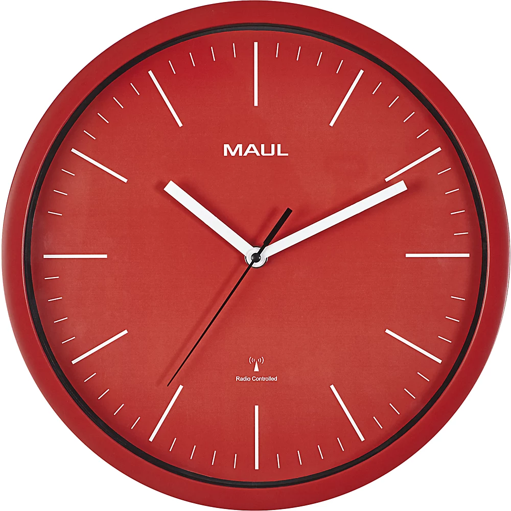 Bild von MAUL Wanduhr/Funkuhr MAULjump, Durchmesser: 305 mm, rot breiter Rahmen, außen und innen farbig, schmale Balken - 1 Stück (9053425)