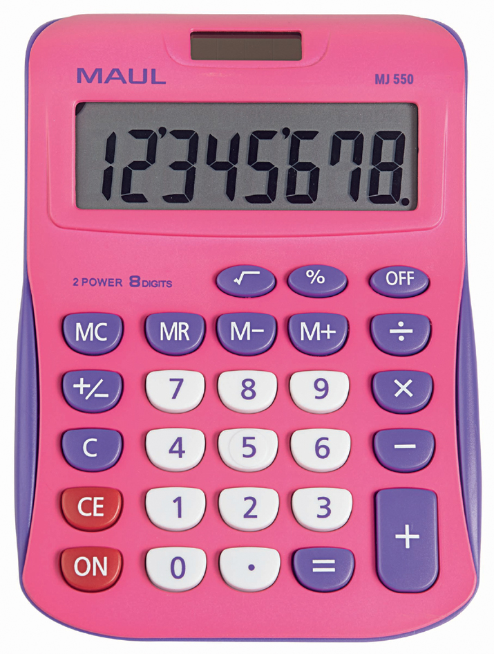 Bild von MAUL MJ 550. Formfaktor: Tasche, Typ: Display-Rechner. Stellen: 8 Ziffern, Textzeilen: 1 Zeilen. Speicherregister: 3. Energiequelle: Akku. Produktfarbe: Pink (7263422)