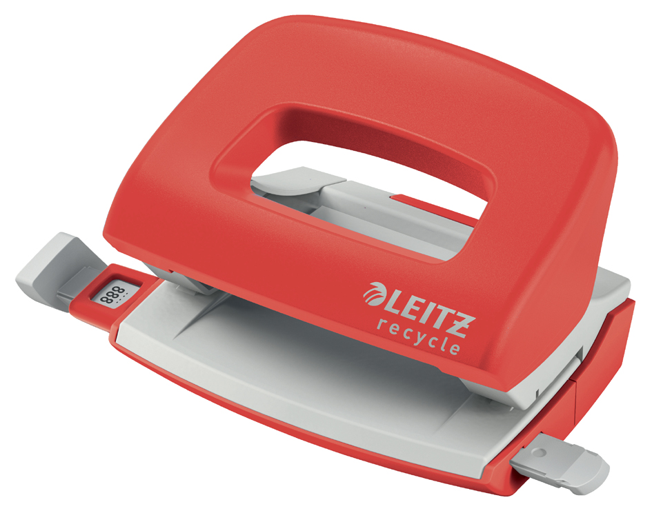 Bild von Leitz NeXXt Recycle Mini-Locher, 10 Blattlocher A4, kleiner Papierlocher für Büro & Schule, 100 % recyclebar, CO2-kompensiert, umweltfreundlich, Recycle-Sortiment, Rot, 50100025
