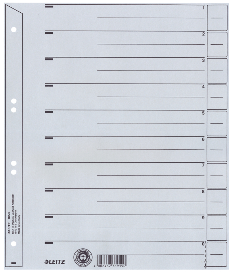 Bild von Leitz Register für A4, Deckblatt und 10 Trennblätter, Taben individuell zuschneidbar, 25 Stück, Überbreite, Grau, 100% Recyclingkarton, 16503085