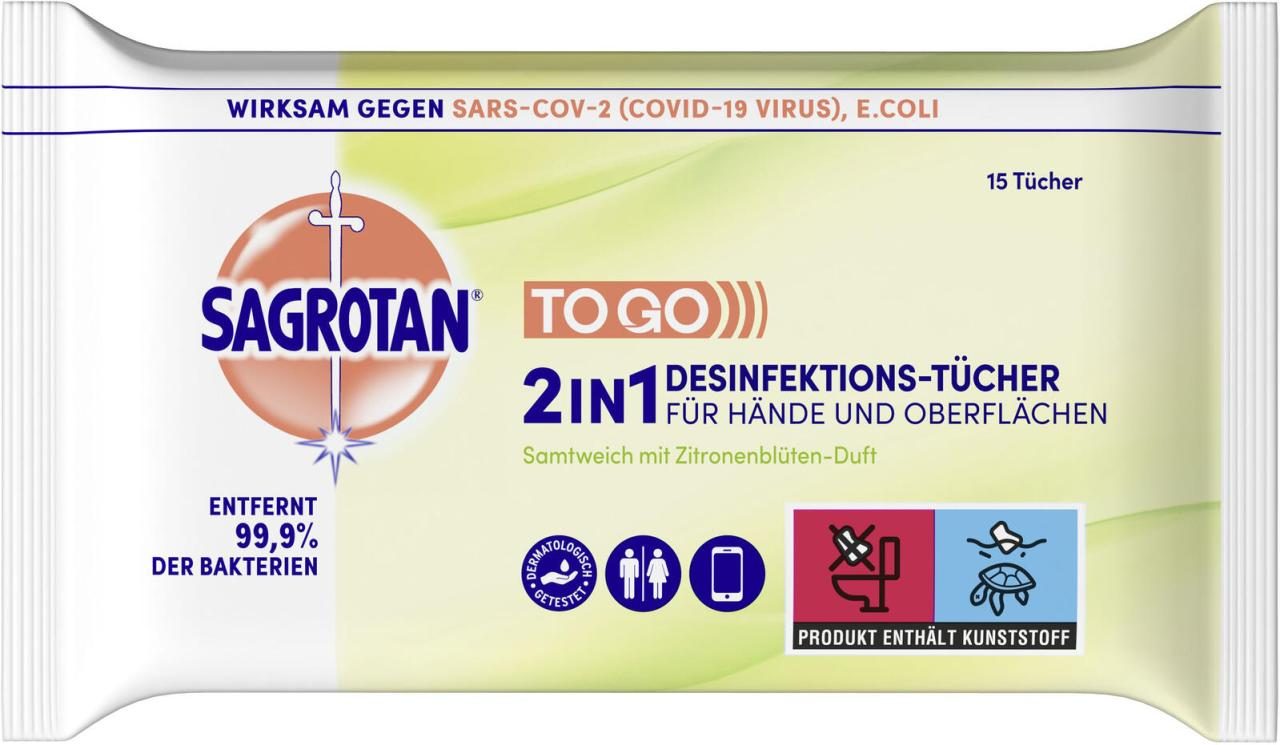 Bild von Sagrotan 2in1 Desinfektionstücher mit Zitronenblüten-Duft – Zum Desinfizieren von Händen und Oberflächen – 15 Tücher