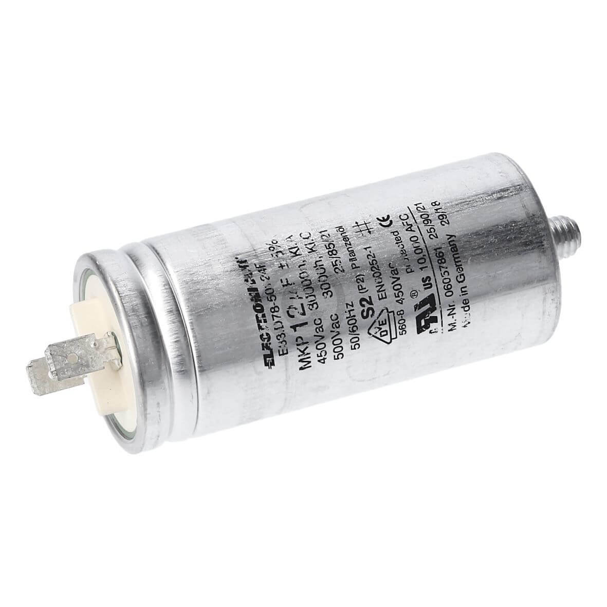 Bild von Kondensator 12µF 450V Miele 6057861 mit Steckfahnen und Befestigungsschraube für Trockner (EA-6057861)