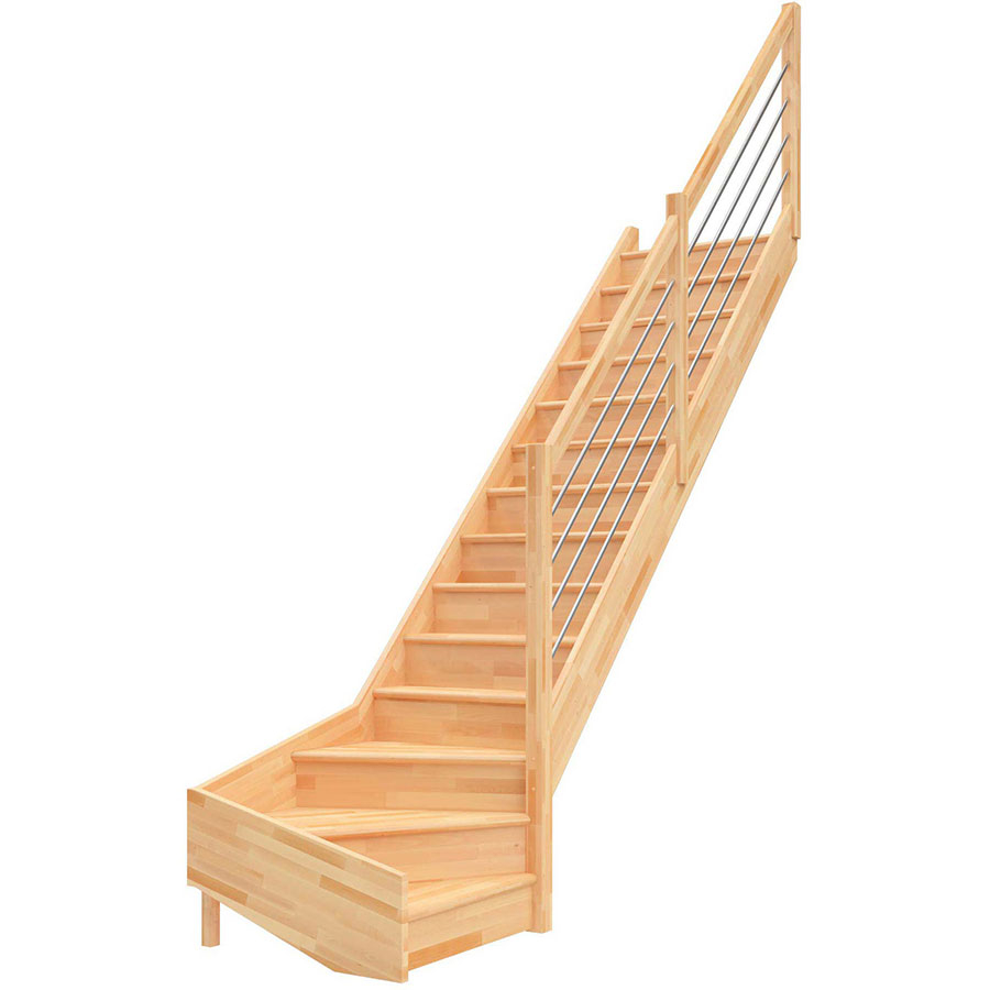 Bild von DOLLE Raumspartreppe Wangentreppe Paris Holztreppe, Edelstahlstäbe, 1/4 gewendelt (rechts),bis 318 cm,Buche,mit Setzstufen,versiegelt