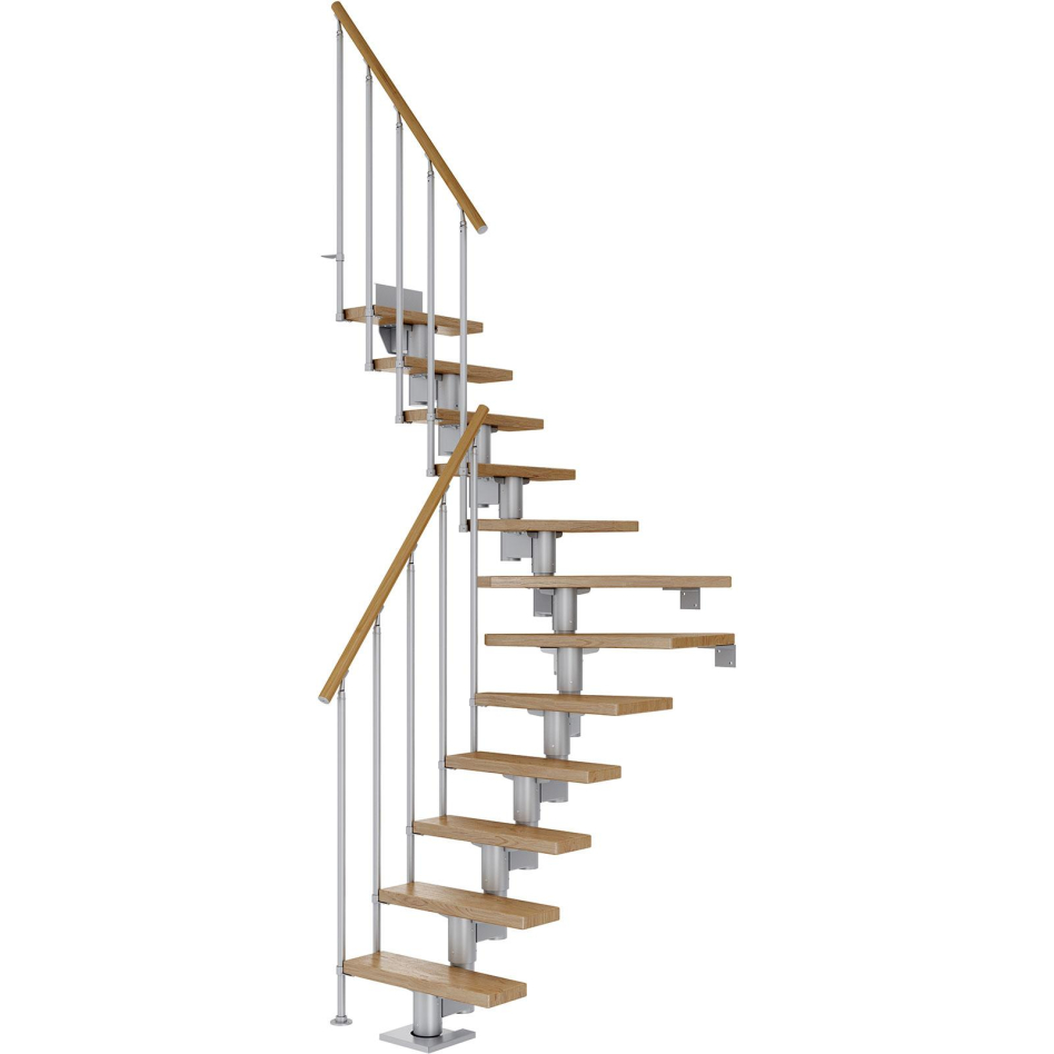 Bild von DOLLE Mittelholmtreppe Dublin, inkl. einseitigem Geländer, Einzelstab (perlgrau), 1/4 gewendelt,240 cm - 292 cm,75 cm,Eiche