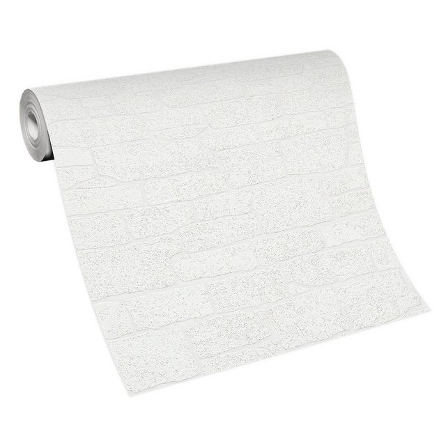 Bild von Bricoflor Glitzer Tapete in Steinoptik Vlies Steintapete Weiß Ideal für Wohnzimmer und Schlafzimmer Vliestapete mit Mauer Design