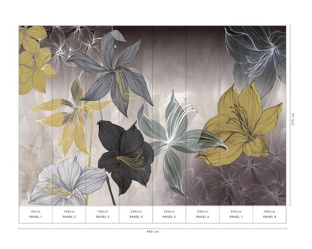 Bild von Bricoflor Lilien Tapete Grafisch Vlies Fototapete mit Blumen in Grau Gold Ideal für Wohnzimmer und Schlafzimmer Florale Vliestapete Ausgefallen