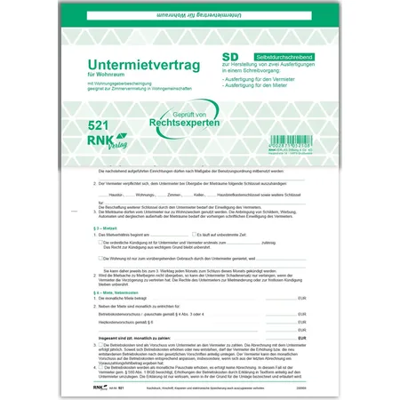 Bild von RNK Verlag Formularblock Untermietvertrag für Wohnräume SD 2x2 Blatt A4