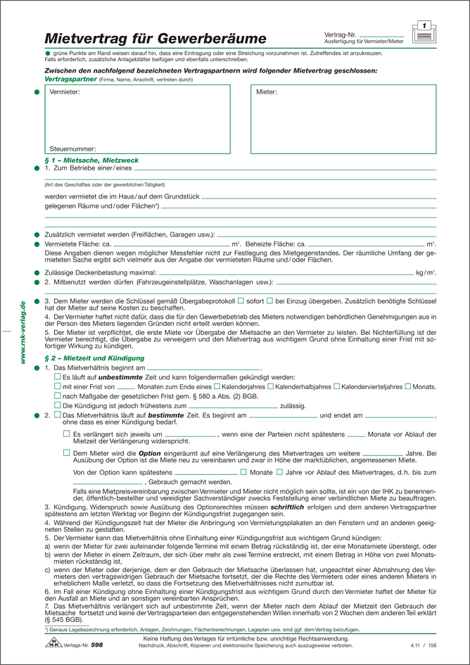 Bild von RNKVERLAG 598/10 - Mietvertrag für Gewerberäume, 6 Seiten, DIN A4, 10 Verträge