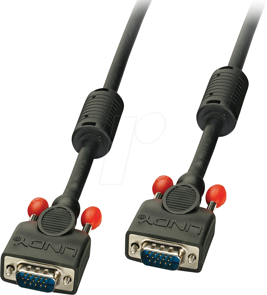 Bild von 2.00m Lindy VGA Anschlusskabel doppelt geschirmt VGA 15pol Stecker auf VGA 15pol Stecker Schwarz Ferritkern / schraubbar