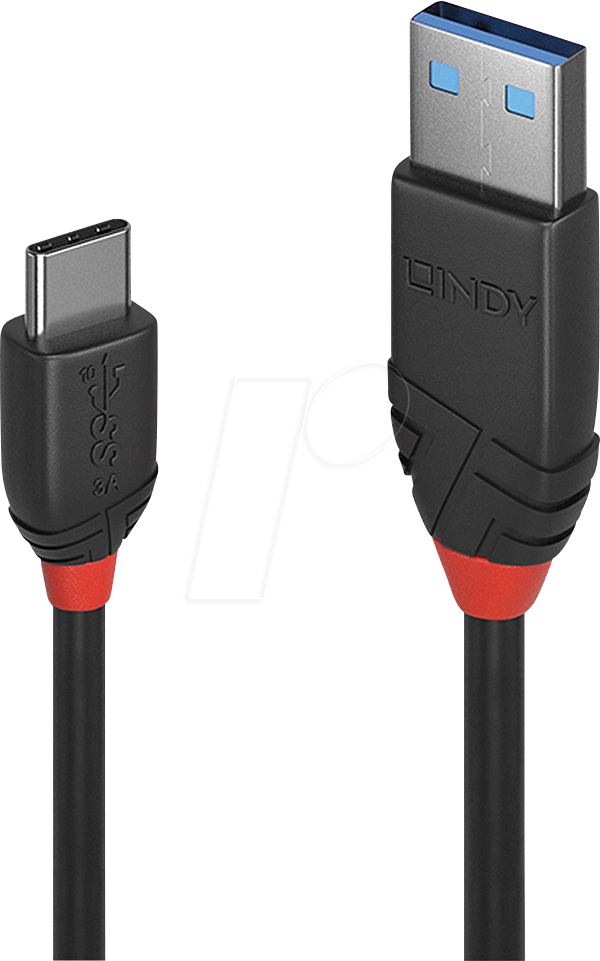 Bild von 0.50m Lindy USB3.1 Anschlusskabel Superspeed+ USB C Stecker auf USB A Stecker Schwarz 3 Ampere / Black Line