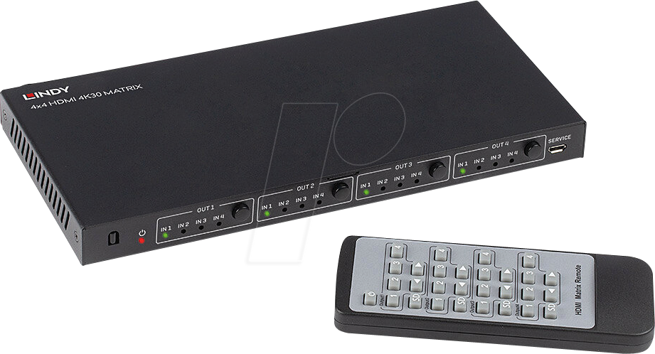 Bild von Lindy LINDY 38152 4x4 Port HDMI-Matrix-Switch mit Status-LEDs 4096 x 2160 Pi Netzwerk-Adapter