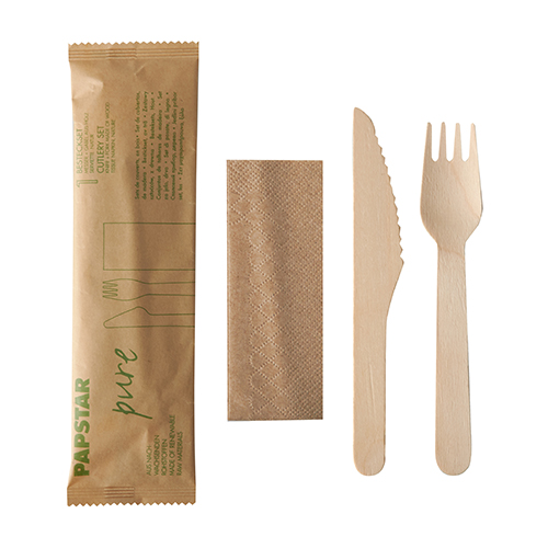 Bild von Besteckset, Holz "pure" : Messer, Gabel, Serviette in Papierbeutel (Karton)