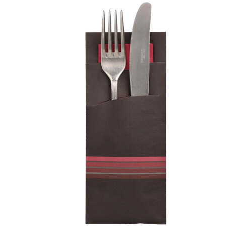 Bild von Bestecktaschen 20 cm x 8,5 cm schwarz/bordeaux "Stripes" inkl. farbiger Serviette 33 x 33 cm 2-lag. (Karton)