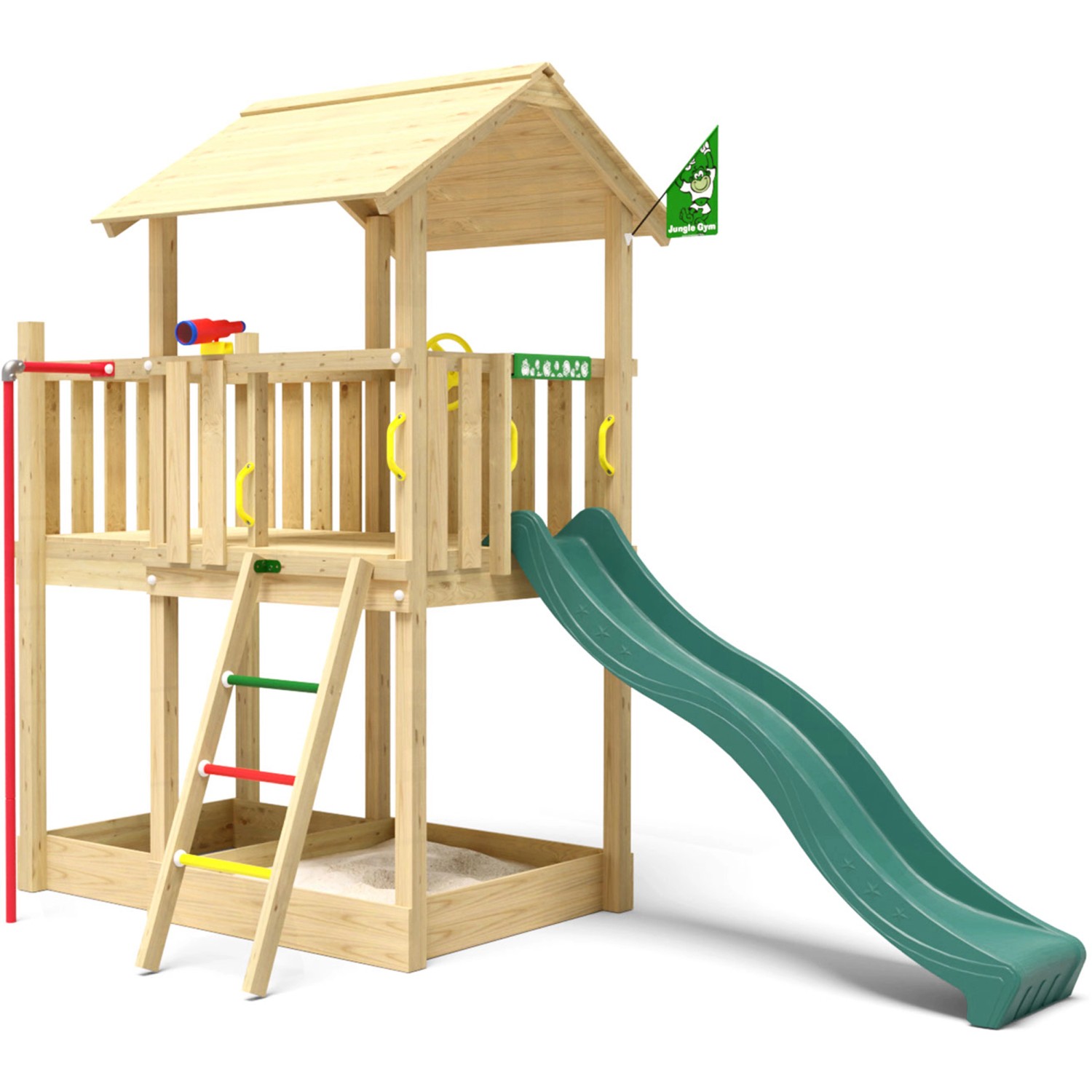Bild von Jungle Gym Spielturm Marvel Holz Rutschstange und Rutsche Dunkelgrün