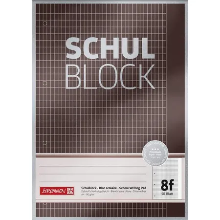 Bild von Brunnen 1052608 Schulblock/Notizblock Premium, A4, 50 Blatt, 5 x 7 mm rautiert mit Rand, Lineatur 8f, gelocht, kopfverleimt, 90g/m²