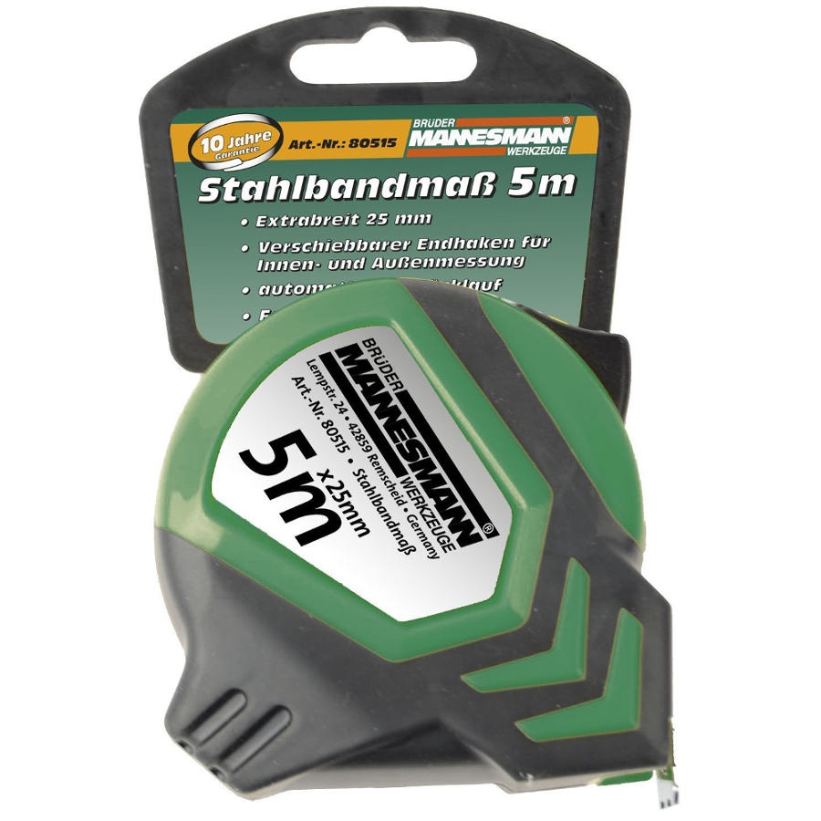 Bild von Mannesmann, Längenmesswerkzeug, Bandmass 5 m x 25 mm, Gehäuse grün/schwarz