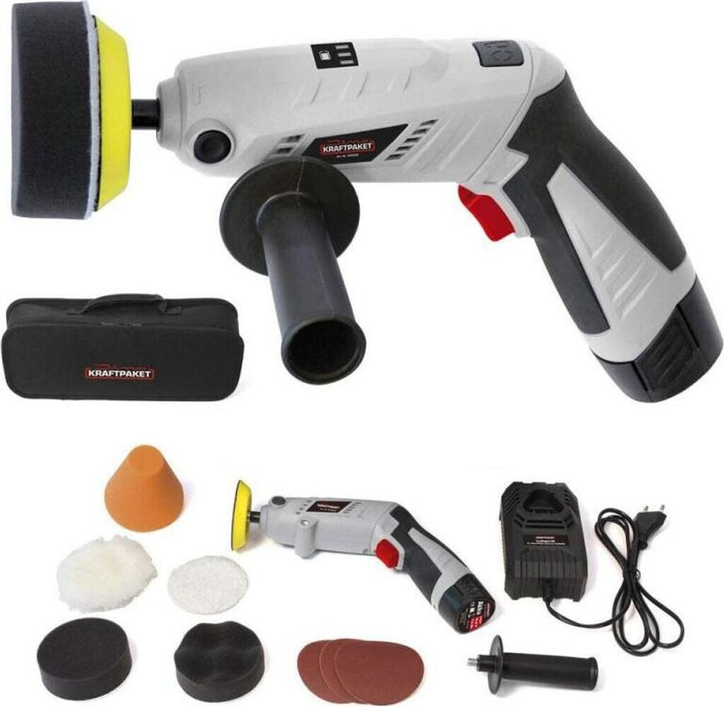 Bild von Dino KRAFTPAKET 640256 10.8V-Akku Poliermaschine Multiplex 75mm-Teller 600-3.000U/min mit drehbarem Gehäuse für Stab-oder Pistolenform. Komplett-Set mit Pads Polierteller Schnelladegerät, Tasche, Grau