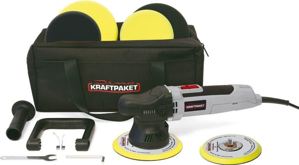 Bild von Dino KRAFTPAKET 9mm-650W Exzenter Poliermaschine für Auto Boot KFZ im Set mit Stützteller Polierpads und Tasche, 125mm+150mm, Grau