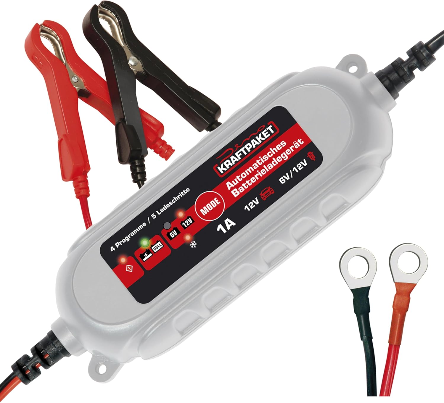 Bild von Dino KRAFTPAKET 1A-6V/12V intelligentes und automatisches Batterieladegerät | Für Blei-Säure, GEL, Start/Stopp EFB, AGM-Batterie | KFZ-Ladegerät für Motorrad, Scooter, Motorroller, PKW, Boot
